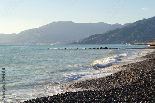 Panarama of the Mediterranean coastline in the Liguria region, Italy.