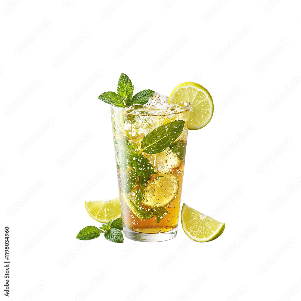Refreshing iced green tea with lemon and mint condensation on glass light beige background Refreshing iced green tea with lemon and mint condensation on glass light beige background