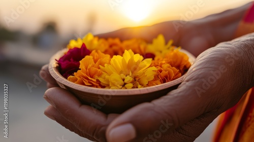 Hindu woman offering flowers at a temple.