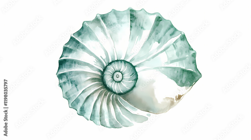 Obraz premium Watercolor illustration of a minimalist scandinavian spiral seashell pattern in subtle jade green on white ink watercolour. Seashell. Illustration