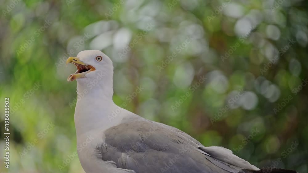 Surprised seagull with mouth open, sitting in the sun among green plants, feeling the heat. Surprised seagull with mouth open, sitting in the sun among green plants, feeling the heat.