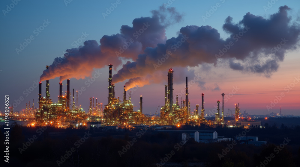 Industrial landscape at dusk with illuminated refinery and smokestacks emitting vapor