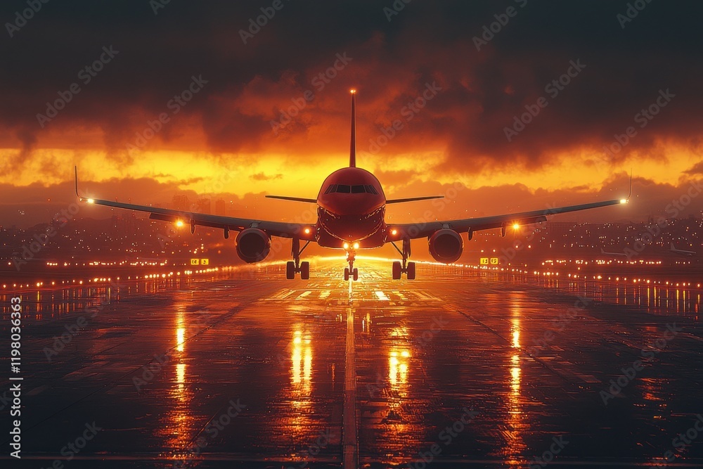 Commercial airplane taking off from a bright runway during sunset Commercial airplane taking off from a bright runway during sunset