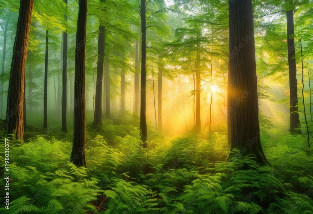 Obraz premium stunning panoramic sunrise over lush forest landscape misty vibrant majestic trees bathed golden light, nature, scenery, foliage, view, horizon, tranquil