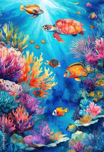 Fototapeta Naklejka Na Ścianę i Meble -  stunning aerial artwork colorful coral reefs featuring bright intricate diverse marine life captivating landscape, vibrant, visual, ocean, underwater, fish