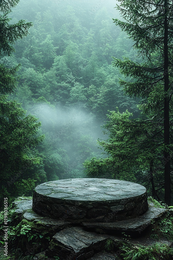 Stone podium in misty forest landscape with lush green trees Stone podium in misty forest landscape with lush green trees