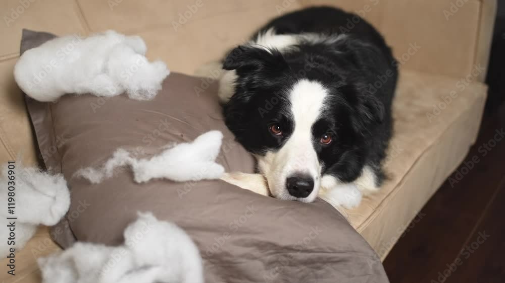 Naughty playful puppy dog border collie after mischief biting pillow lying on couch at home. Guilty dog and destroyed living room. Damage messy home and puppy with funny guilty look Naughty playful puppy dog border collie after mischief biting pillow lying on couch at home. Guilty dog and destroyed living room. Damage messy home and puppy with funny guilty look