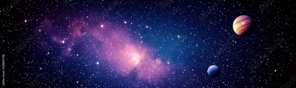 Fototapeta premium Vivid Cosmic Scene Featuring Colorful Nebula and Two Distinct Planets in an Infinite Starry Sky
