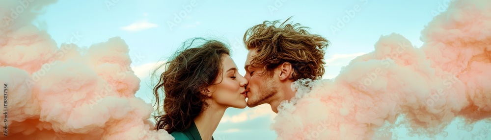 Romantic Couple Kissing Surrounded by Colorful Smoke on a Dreamy Cloudy Background, Evoking Love, Passion, and Connection in a Serene Outdoor Setting Romantic Couple Kissing Surrounded by Colorful Smoke on a Dreamy Cloudy Background, Evoking Love, Passion, and Connection in a Serene Outdoor Setting