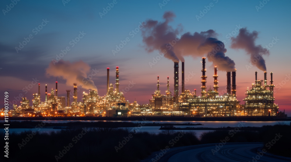 Industrial landscape at dusk with illuminated refinery and smokestacks emitting vapor Industrial landscape at dusk with illuminated refinery and smokestacks emitting vapor