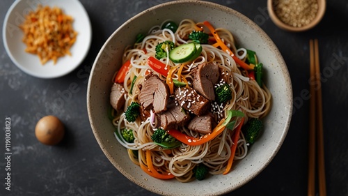 japchae or stir-fried Korean vermicelli noodles with vegetables and pork topped with white sesame - Korean traditional food style