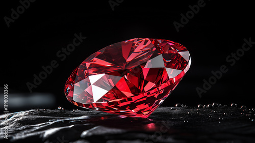 A sparkling red gemstone sits atop a dark surface, surrounded by droplets of water, creating a striking contrast and emphasizing its brilliance.
