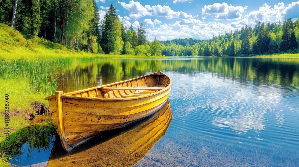Obraz premium Serene Landscape with Wooden Boat on Calm Water Surrounded by Lush Green Trees and Vibrant Sky Reflected in the Peaceful Lake Environment