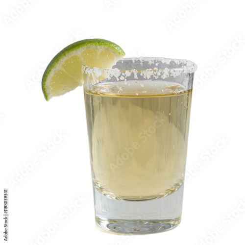 Golden tequila in salt rimmed shot glass with lime wedge