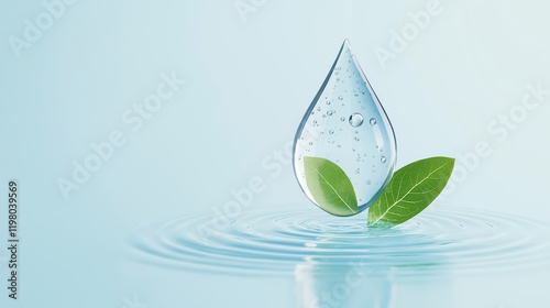 Eco friendly water drop with green leaves. Water conservation charity, food delivery logo concept. Fresh, clean water droplet resting on surface of water with ripples. Sustainable nature theme. Image photo