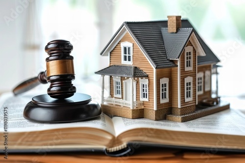 Macro photograph of a miniature house, gavel, and open book symbolizing legal themes such as foreclosure, estate law, court proceedings, property rights, and justice. photo