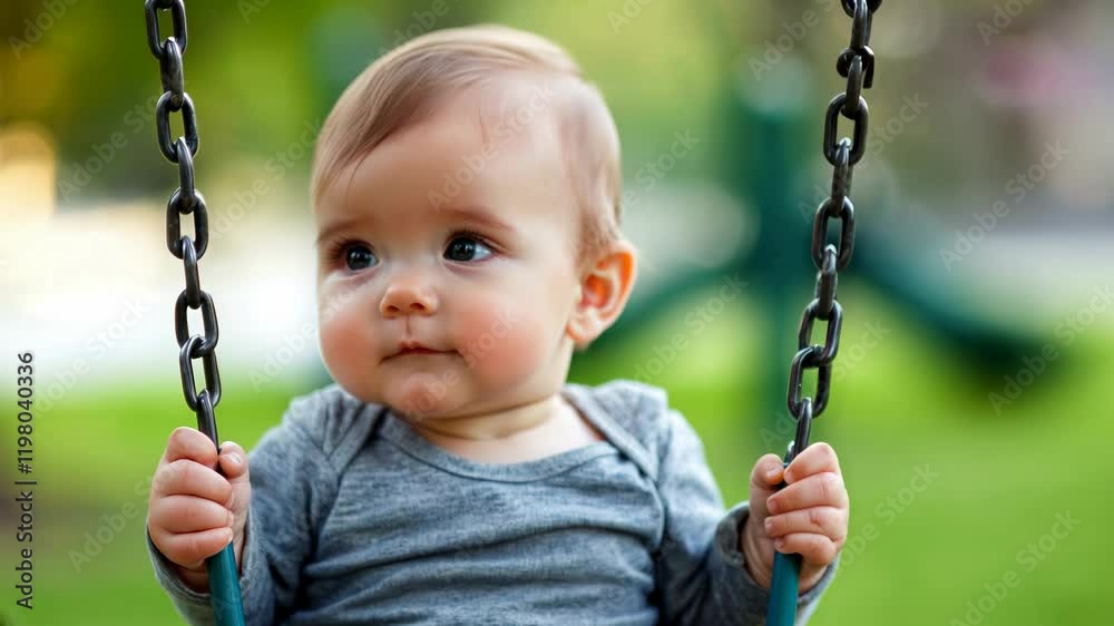 A joyful baby smiles while swinging in a park. Surrounded by vibrant green grass and trees, the playful atmosphere creates a heartwarming moment for onlookers. A joyful baby smiles while swinging in a park. Surrounded by vibrant green grass and trees, the playful atmosphere creates a heartwarming moment for onlookers.