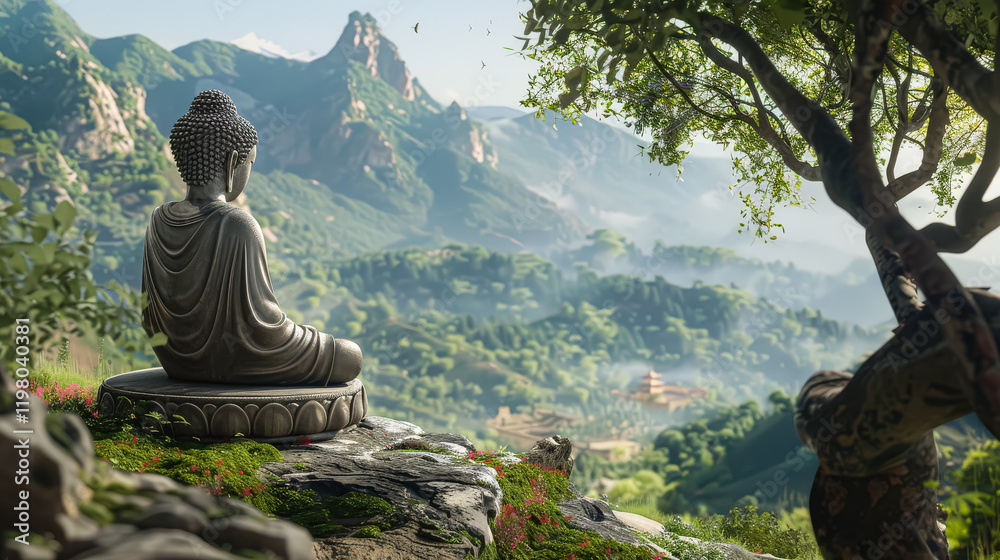 Statue of Buddha is sitting on a rock in front of a beautiful mountain range. The scene is serene and peaceful, with the statue representing the idea of inner peace and tranquility Statue of Buddha is sitting on a rock in front of a beautiful mountain range. The scene is serene and peaceful, with the statue representing the idea of inner peace and tranquility
