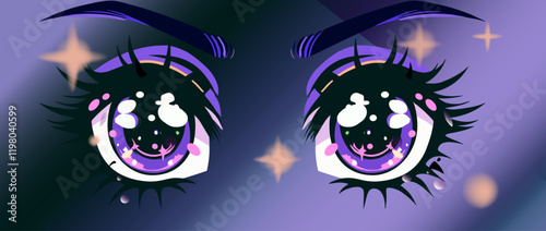 Large sparkling anime eyes with long lashes on a gradient shiny background.