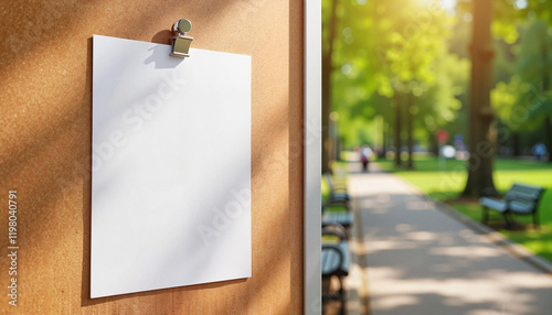 Blank flyer pinned to bulletin board in sunny park, outdoor advertisement