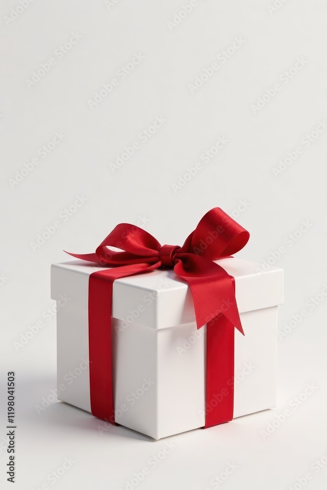 Classic red gift bow with soft folds against pure white backdrop , present, shiny, background Classic red gift bow with soft folds against pure white backdrop , present, shiny, background