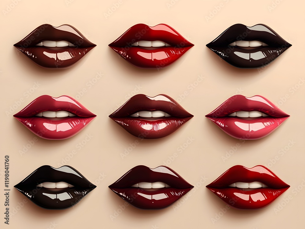 Nine glossy lips display various shades of red and brown Nine glossy lips display various shades of red and brown