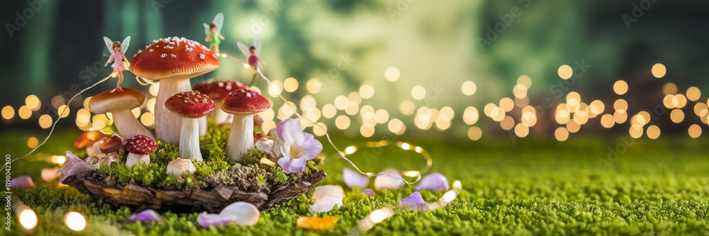Obraz premium Enchanted Fairy Garden Mushrooms Moss Lights Fantasy
