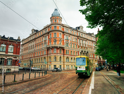 Helsinki, Finland. Tram heading down Yrjonkatu from the corner with Punanotkonkatu in the city centre