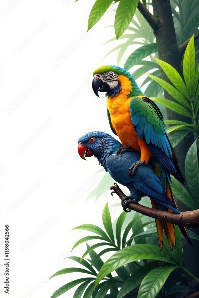 Obraz premium Exotic birds perch on a branch amidst jungle vegetation on white canvas, bird, jungle, greenery