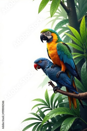 Exotic birds perch on a branch amidst jungle vegetation on white canvas, bird, jungle, greenery