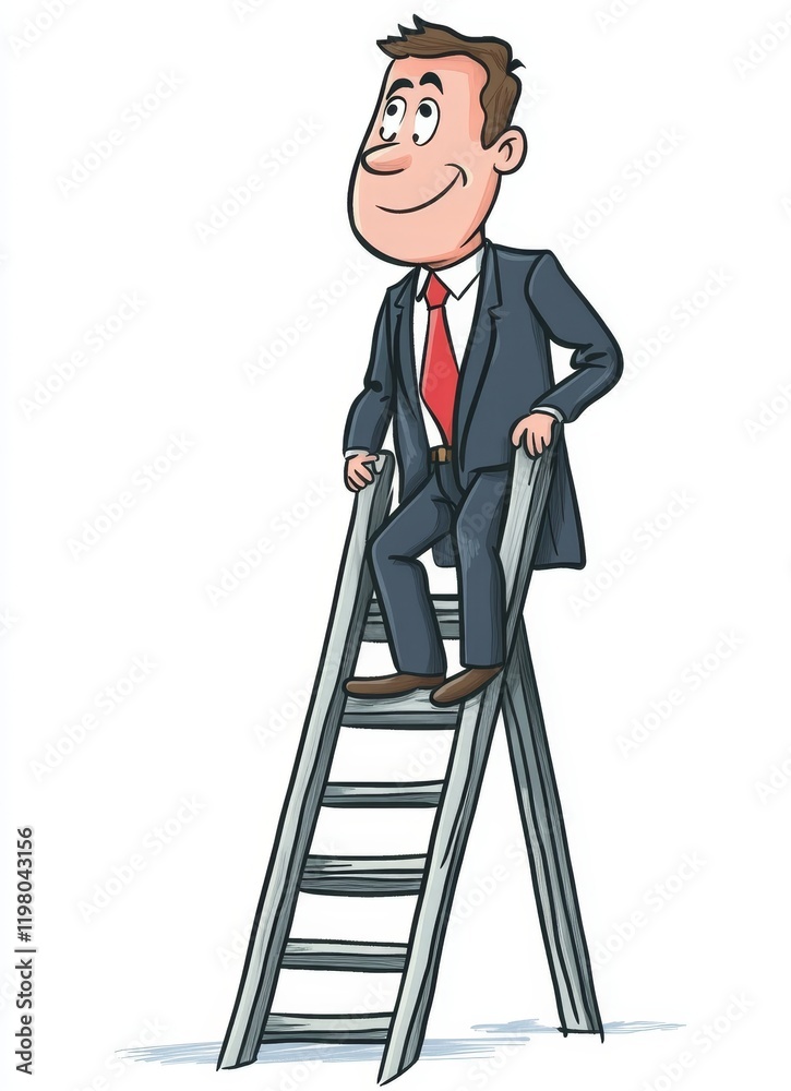 A business man in a cartoon is depicted ascending a ladder with a forward-looking gaze A business man in a cartoon is depicted ascending a ladder with a forward-looking gaze