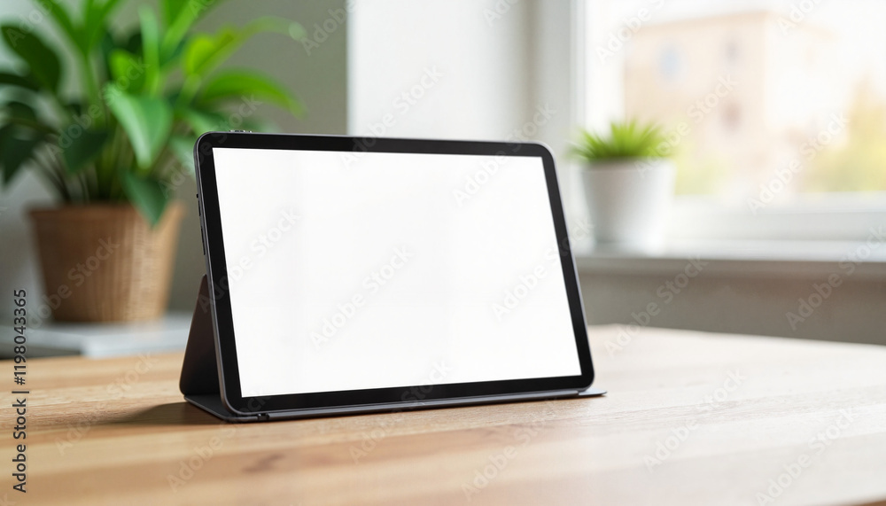 Sleek tablet mockup on modern wooden desk, tech ambiance Sleek tablet mockup on modern wooden desk, tech ambiance