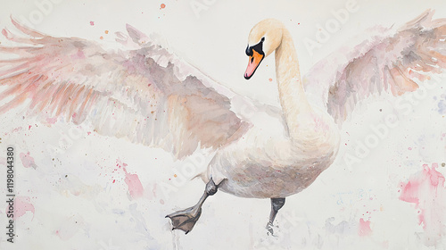  A stunning watercolor depiction of a white swan, wings spread and legs splayed, against a crisp white backdrop photo