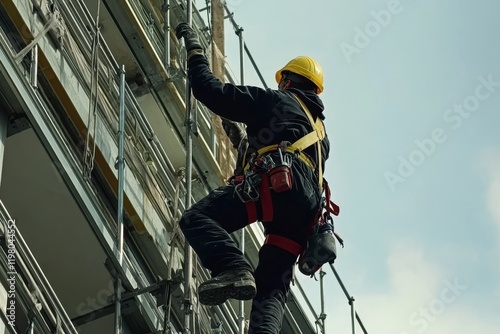 Construction worker secured with a safety harness belt while performing tasks at significant height