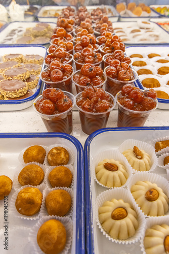 Baked sweets and candied fruit for sale at a market in Antigua Guatemala.