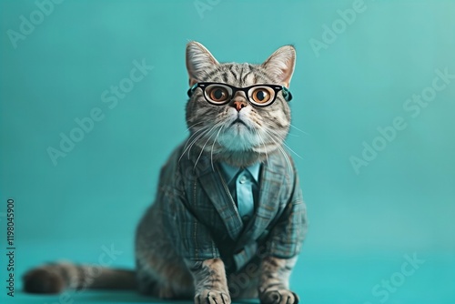 Intelligent Feline in Formal Attire and Spectacles Against Teal Backdrop