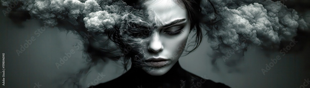 Introspective Portrait of a Young Woman Surrounded by Mysterious Smoke Clouds Illustrating Emotions and Inner Thoughts in a Moody Atmosphere Introspective Portrait of a Young Woman Surrounded by Mysterious Smoke Clouds Illustrating Emotions and Inner Thoughts in a Moody Atmosphere