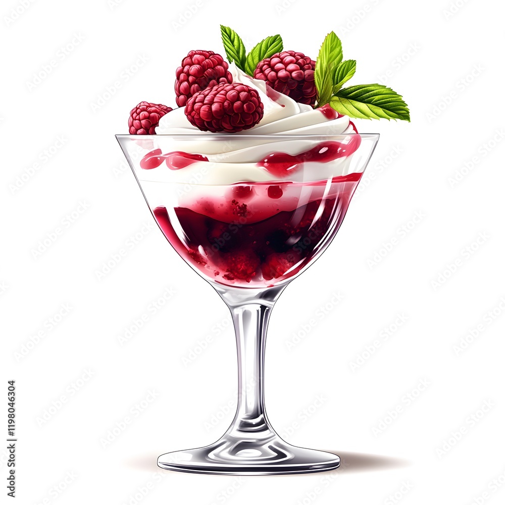 Delicious raspberry dessert with whipped cream and mint leaves in a glass dish Delicious raspberry dessert with whipped cream and mint leaves in a glass dish