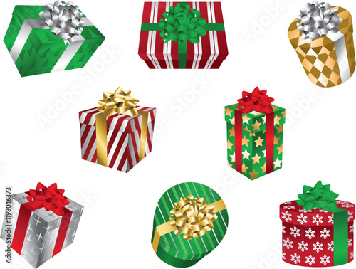 A set of vector graphic illustrations of Christmas gift boxes with ribbons and patterned wrapping paper. 