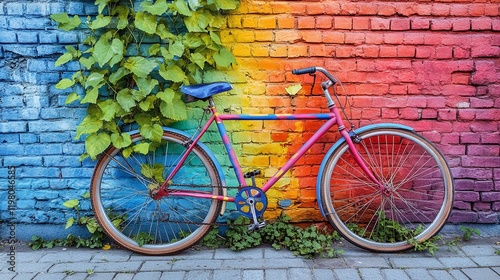 Rainbow-Painted Bike Against a Vintage Brick Wall with Plants Growing in the Cracks photo