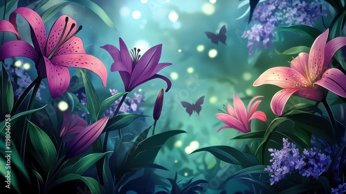 Enchanting Scene of Colorful Flowers and Butterflies in a Lush Green Garden, Illuminated by Soft Sunlight and Sparkling Bokeh Effects