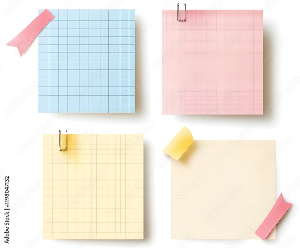 Four Pastel Colored Gridded Note Papers Displayed Four Pastel Colored Gridded Note Papers Displayed