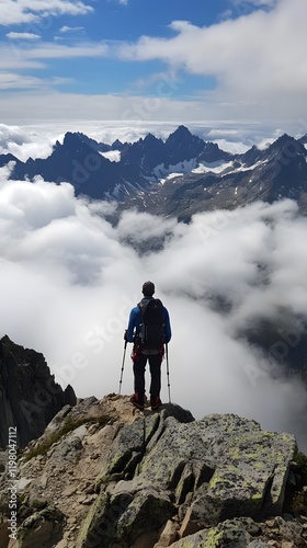 Wallpaper Mural Hiker standing on mountain peak under cloudy sky
 Torontodigital.ca