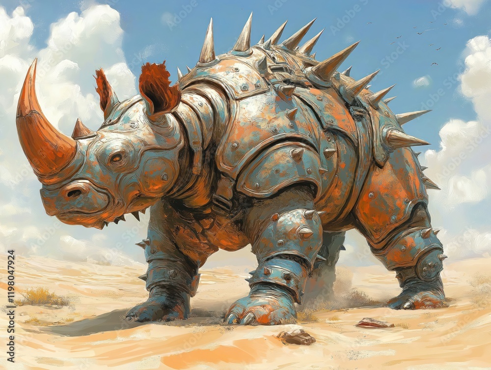 Fototapeta premium Fantasy rhino creature stands in desert. Armored rhino creature with rusty metal armor. Powerful creature with large horn, spikes. Dangerous beast with surreal design. Ancient prehistoric style.