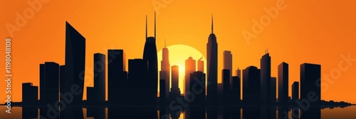 City skyline silhouette against a vibrant orange sunset casting shadows over reflective water photo