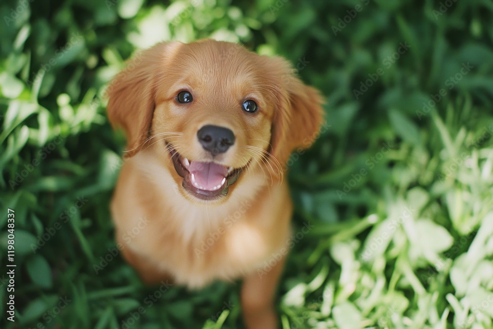 Playful golden retriever puppy joyfully running across a grassy field with sage green tones, caramel highlights, and deep brown shadows under the sunny sky Playful golden retriever puppy joyfully running across a grassy field with sage green tones, caramel highlights, and deep brown shadows under the sunny sky