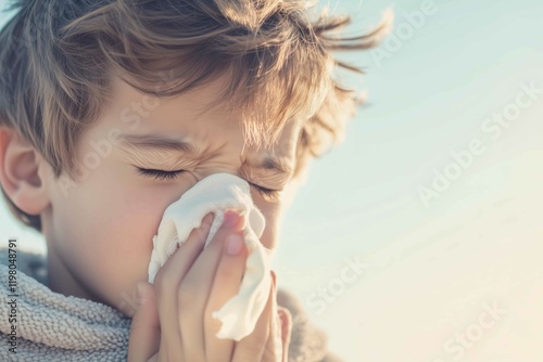 Kid blowing his nose with napkin. Space for copy