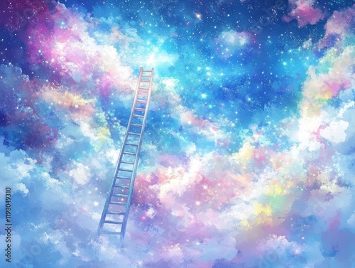 A ladder pointing upwards into a bright sky adorned with clouds shaped like success icons, indicative of climbing to new levels in career or life photo