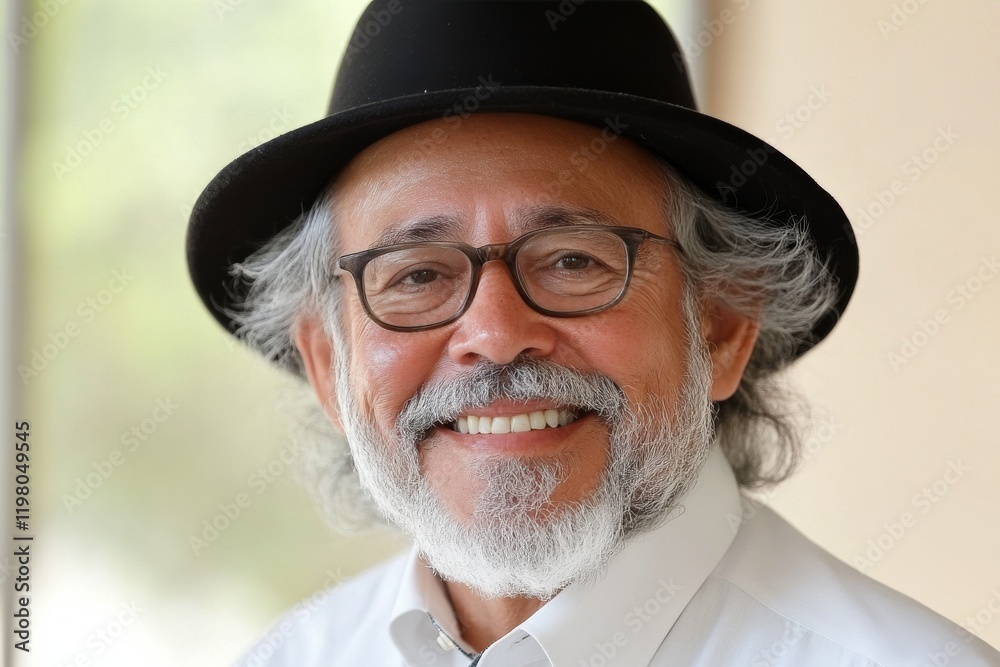 Smiling older man with glasses and a hat posing for a casual portrait in a bright environment Smiling older man with glasses and a hat posing for a casual portrait in a bright environment