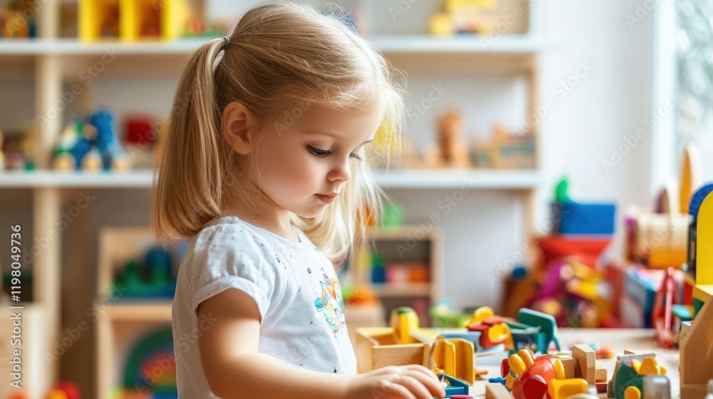 Fototapeta premium Toddler Girl Playing with Colorful Toys in a Playroom